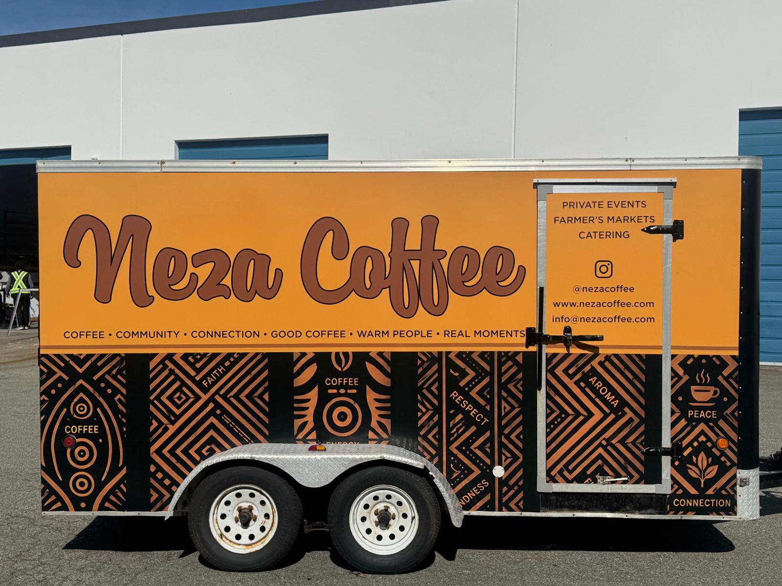The orange Neza Coffee trailer — your neighborhood coffee stop